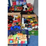 THREE BOXES OF TOY CARS AND LEGO, to include a mixed box of Lego, soft toys, KNEX 'Thrill and Ride',