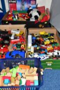 THREE BOXES OF TOY CARS AND LEGO, to include a mixed box of Lego, soft toys, KNEX 'Thrill and Ride',