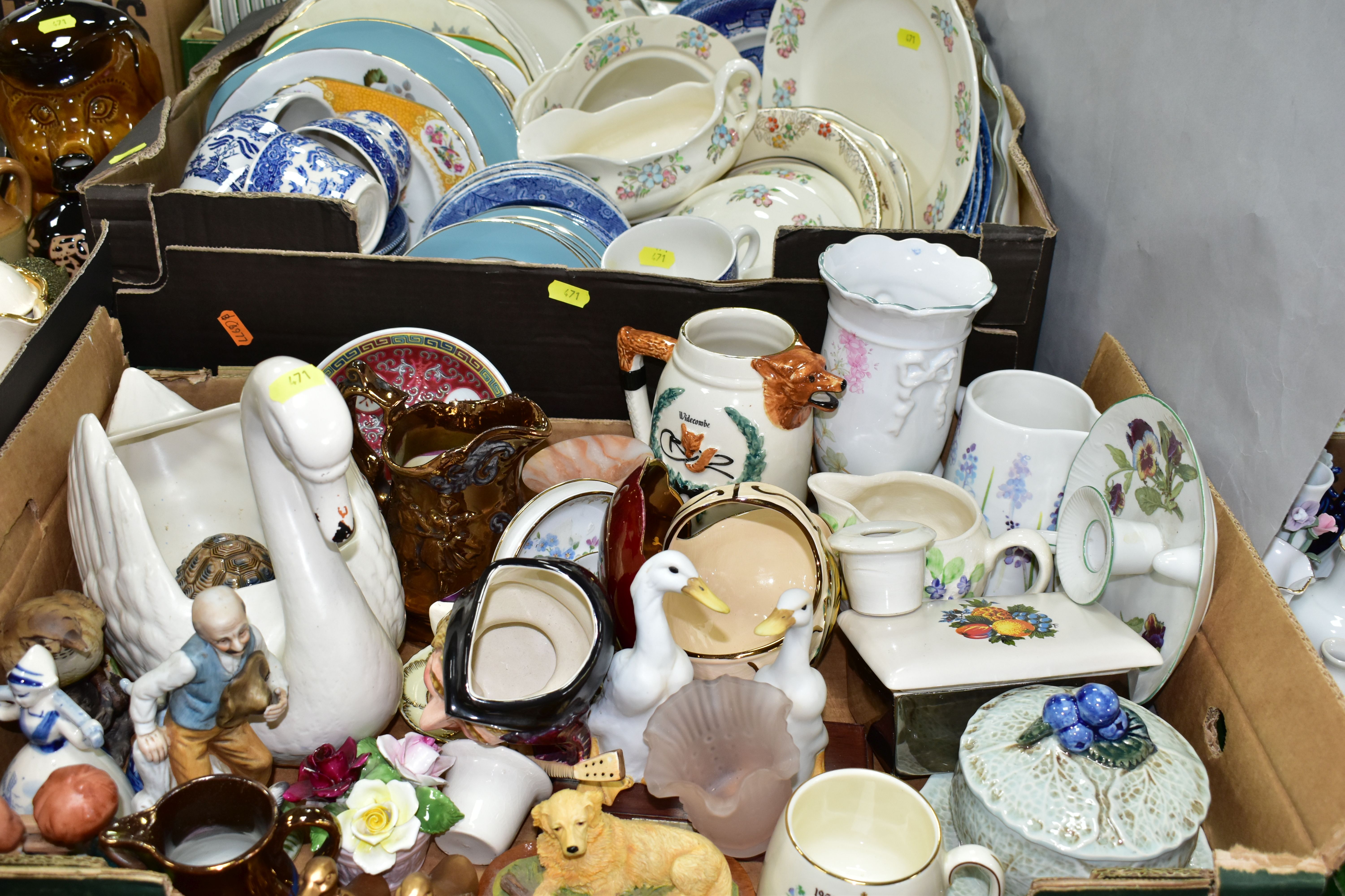 FIVE BOXES OF CERAMICS AND COLOURED GLASS, to include a Carlton Ware butter dish, an Arthur Wood