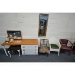 A PARTIALLY WHITE PAINTED DRESSING CHEST, with a single mirror, and three drawers, length 153cm x