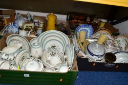 FIVE BOXES OF CERAMICS AND GLASSWARE, to include an Alfred Meakin 'Hedgerow' pattern part dinner set