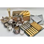 A BOX OF ASSORTED ITEMS, to include pepperettes, condiment pieces and salts, a tapered posy vase,