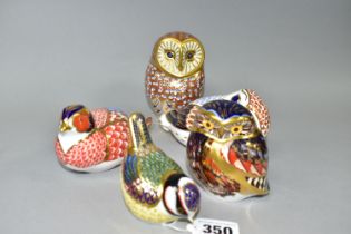 FIVE ROYAL CROWN DERBY PAPERWEIGHTS, comprising Blue Tit, gold stopper, Pheasant, silver stopper,