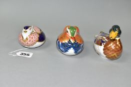 THREE ROYAL CROWN DERBY PAPERWEIGHTS, comprising Quail, gold stopper, Mandarin Duck, silver
