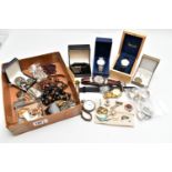 A BOX OF ASSORTED SILVER, JEWELLERY AND WRISTWATCHES, to include a silver vesta, hallmarked 'Smith &