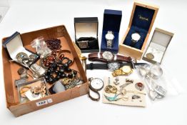 A BOX OF ASSORTED SILVER, JEWELLERY AND WRISTWATCHES, to include a silver vesta, hallmarked 'Smith &