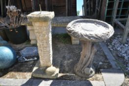 A COMPOSITE BRICK EFFECT SUN DIAL, 23cm squared x height 73cm, and a composite circular bird bath,