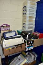 SIX BOXES OF CARD/CRAFT MAKING EQUIPMENT, to include storage boxes, folders, coloured card, a Cricut