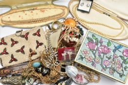 A SHOE BOX OF COSTUME JEWELLERY, to include two cased sets of imitation pearl necklaces, a glass