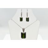 AN 18CT WHITE GOLD TOURMALINE PENDANT, A PAIR OF 9CT WHITE GOLD TOURMALINE AND DIAMOND EARRINGS