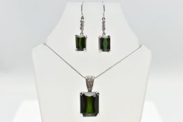 AN 18CT WHITE GOLD TOURMALINE PENDANT, A PAIR OF 9CT WHITE GOLD TOURMALINE AND DIAMOND EARRINGS