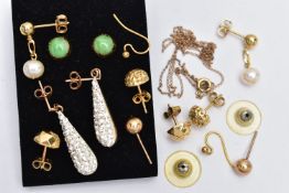 A SELECTION OF YELLOW METAL EARRINGS, to include a pair of circular cut jade cabochon earrings
