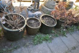 SEVEN VARIOUS GLAZED PLANTERS, of various sizes, four containing plants, largest planter diameter