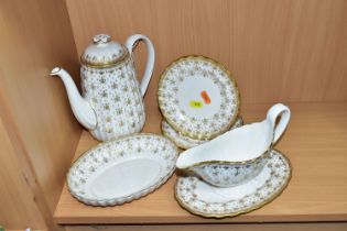 SIX PIECES OF SPODE 'FLEUR DE LYS GOLD' DINNER WARES, comprising a coffee pot and lid, an oval