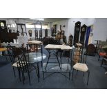 A SELECTION OF WROUGHT IRON FURNITURE, to include a circular glass top dining table, diameter