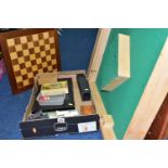 ONE BOX OF CHESS AND CLASSIC BAR GAMES, to include a bar skittles board, length 85cm x width 61cm,