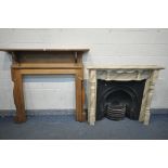 A 20TH CENTURY OAK FIRE SURROUND, width 155cm x height 142cm, and a marbleized fire surround,