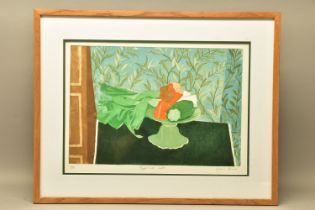 VALERIE DANIEL (20TH CENTURY) 'PEPPERS AND LEEKS', a limited edition etching with colours, signed,