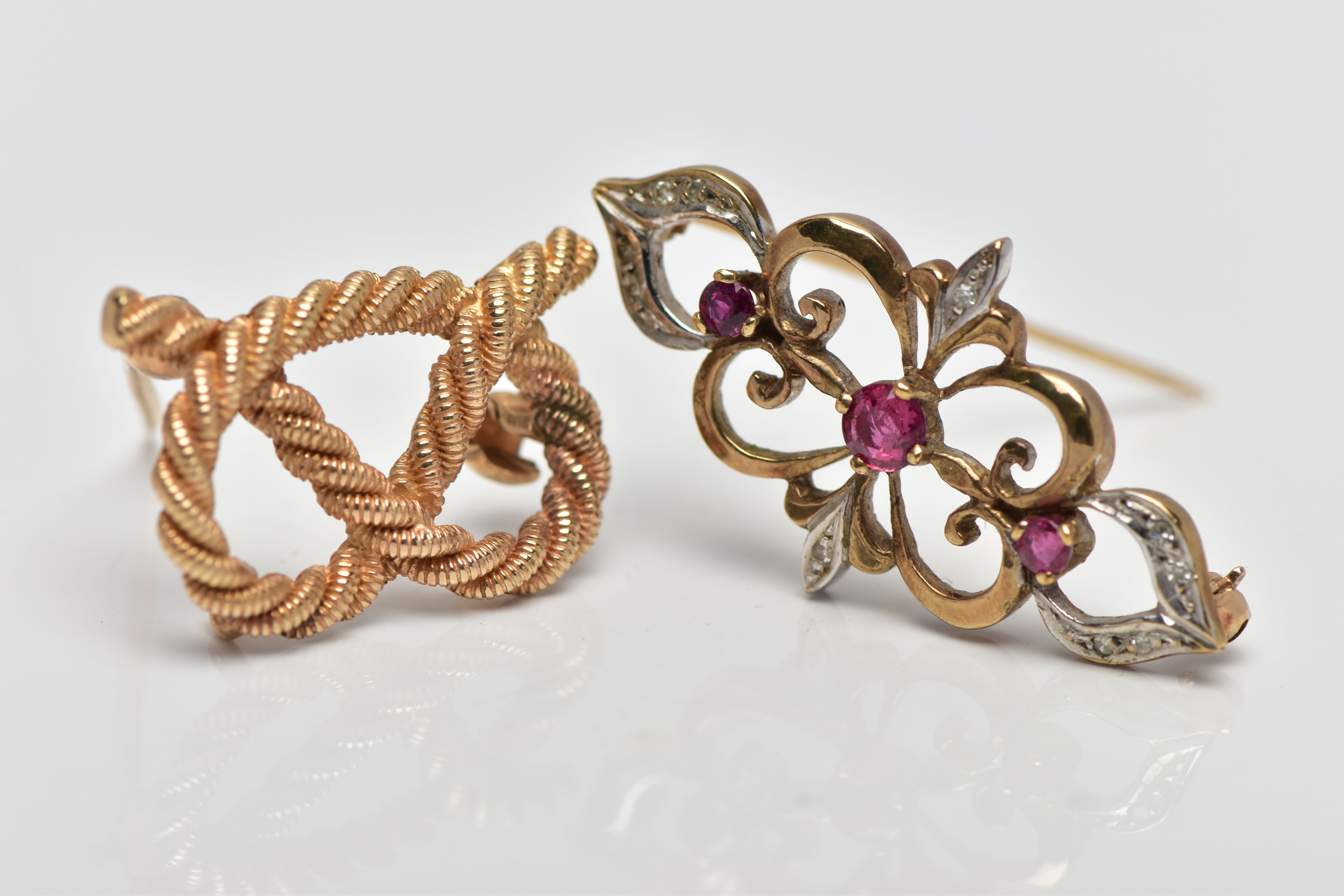 TWO 9CT GOLD BROOCHES, to include a 9ct gold ruby and diamond bar brooch, of openwork design the - Image 2 of 3