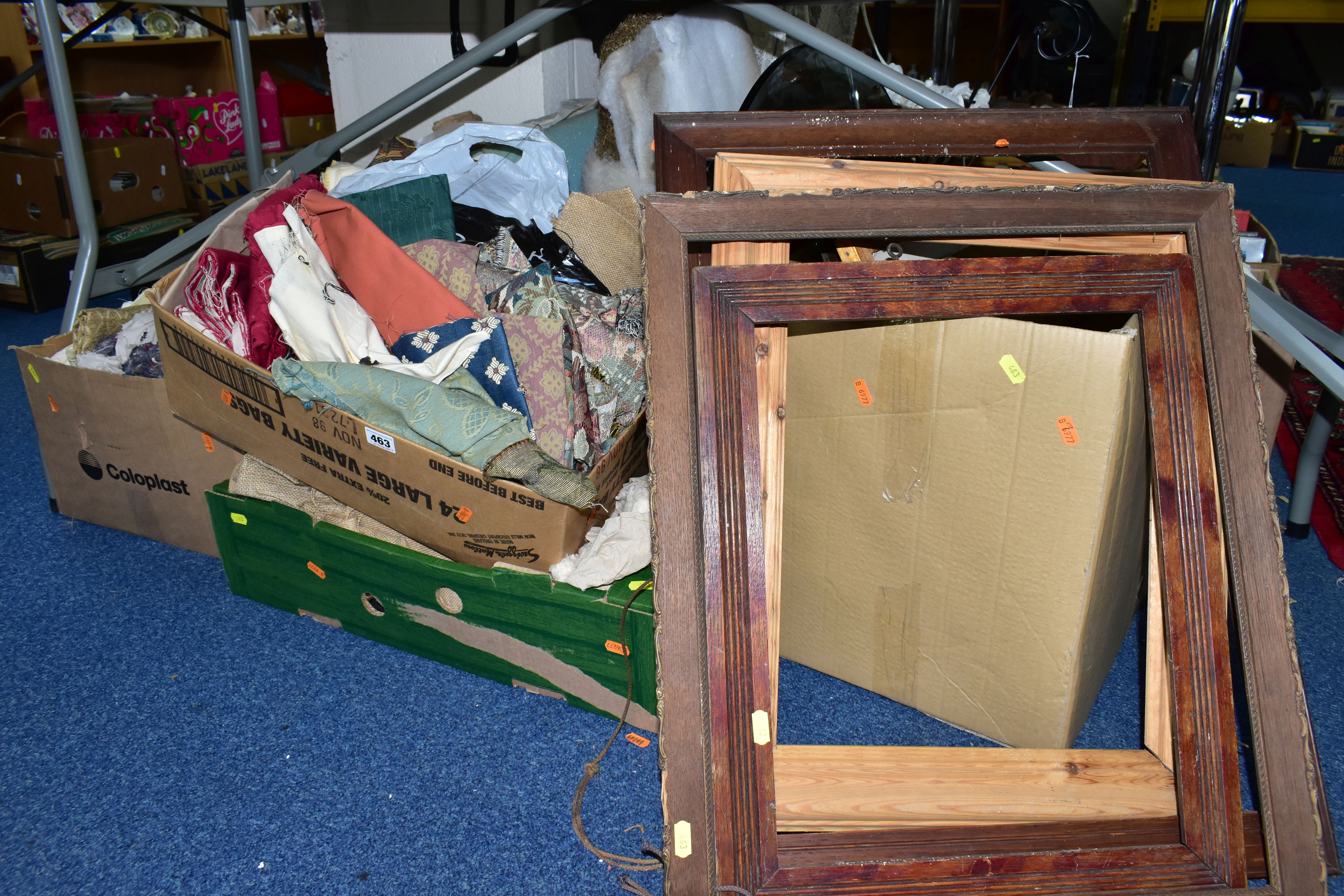 FIVE BOXES OF UPHOLSTERY TEXTILES AND PICTURE FRAMES, to include a quantity of ginger coconut