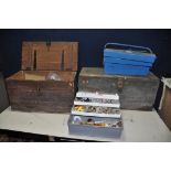 TWO WOODEN CHESTS AND TWO TOOLBOXES containing vintage and modern tools one wooden chest