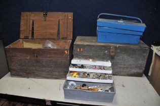 TWO WOODEN CHESTS AND TWO TOOLBOXES containing vintage and modern tools one wooden chest