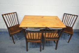 A SET OF FOUR MID CENTURY STAINED TEAK DINING CHAIRS, with brown upholstery, along with a pine