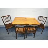 A SET OF FOUR MID CENTURY STAINED TEAK DINING CHAIRS, with brown upholstery, along with a pine