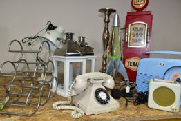 A GROUP OF TEN HOUSEHOLD ITEMS, comprising two retro style Bush radios, an ivory coloured push