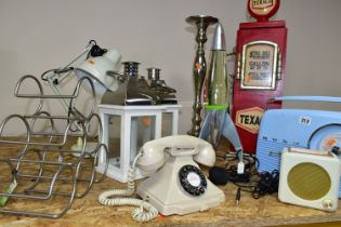 A GROUP OF TEN HOUSEHOLD ITEMS, comprising two retro style Bush radios, an ivory coloured push