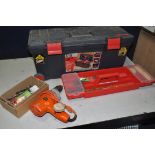 A PLASTIC TOOLBOX WITH TOOLS to include Stanley Bailey No4 plane, Thor copper hammer, quantity of