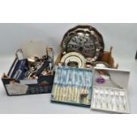 TWO BOXES OF ASSORTED WHITE METAL WARE AND CUTLERY, to include a pair of EP on copper candle sticks,