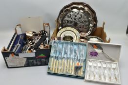 TWO BOXES OF ASSORTED WHITE METAL WARE AND CUTLERY, to include a pair of EP on copper candle sticks,