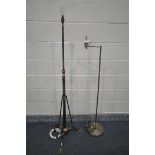 AN ARTS AND CRAFTS BRASS STANDARD LAMP, with three splayed legs (telescopic function faulty) and