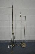 AN ARTS AND CRAFTS BRASS STANDARD LAMP, with three splayed legs (telescopic function faulty) and