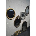 A SELECTION OF WALL MIRRORS, to include silver framed foliate wall mirror, two foliate framed wall