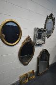 A SELECTION OF WALL MIRRORS, to include silver framed foliate wall mirror, two foliate framed wall