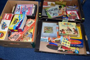 THREE BOXES OF VINTAGE TOYS AND GAMES, including a Playcraft Television Favourites Oil Painting By