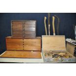 TWO WOODEN TOOLCHESTS comprising two five draw toolchests along with a wooden case containing a