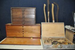 TWO WOODEN TOOLCHESTS comprising two five draw toolchests along with a wooden case containing a