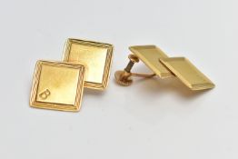 A PAIR OF 18CT GOLD NON-PIERCED EARRINGS, each designed with two slightly over lapping square panels