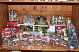 BOXED LEMAX CHRISTMAS VILLAGE ITEMS, to include five buildings - two houses, a school, an inn and