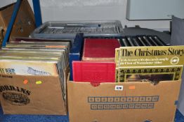 FOUR BOXES OF VINYL LP RECORDS & CDS containing approximately 260 compact disc recordings (including