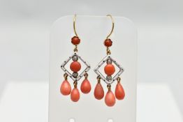 A PAIR OF ENAMEL, CORAL AND DIAMOND DROP EARRINGS, each earring is designed with a white enamel