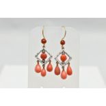 A PAIR OF ENAMEL, CORAL AND DIAMOND DROP EARRINGS, each earring is designed with a white enamel