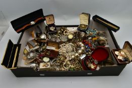 A BOX OF ASSORTED COSTUME JEWELLERY, WATCHES AND OTHER ITEMS, to include a variety of ladies and