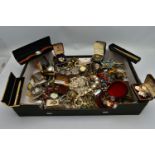 A BOX OF ASSORTED COSTUME JEWELLERY, WATCHES AND OTHER ITEMS, to include a variety of ladies and