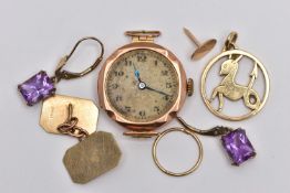 A SELECTION OF JEWELLERY, to include a ladies 9ct rose gold watch head, hand wound movement (