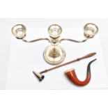 A THREE BRANCH SILVER CANDLE STICK, CANDLE SNUFFER AND A SMOKING PIPE, three branch candle stick