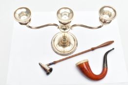 A THREE BRANCH SILVER CANDLE STICK, CANDLE SNUFFER AND A SMOKING PIPE, three branch candle stick